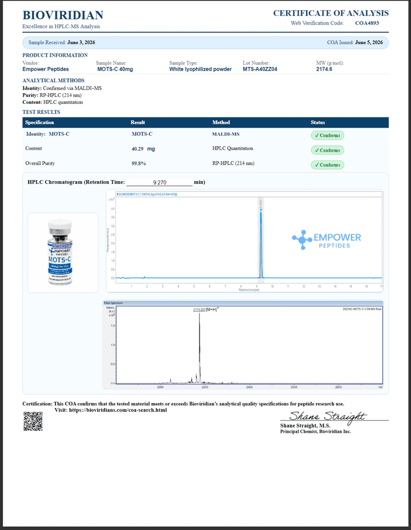 MOTS-c - Péptido 3 de la función cognitiva y la longevidad mots-c 40mg coa