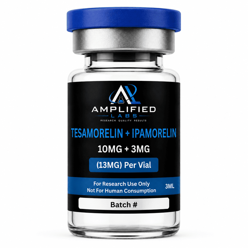 Tesamorelina (10 mg) + Ipamorelina (3 mg) – Mezcla de péptidos de investigación 1 Frasco de mezcla de péptidos de tesamorelina 10 mg e ipamorelina 3 mg de Amplified Labs, solo para uso en investigación, en polvo liofilizado.